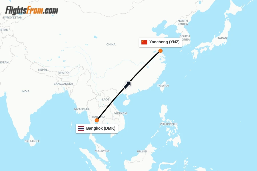 Flights from Bangkok to Yancheng route map