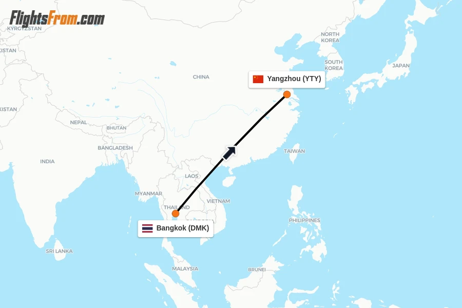 Flights from Bangkok to Yangzhou route map