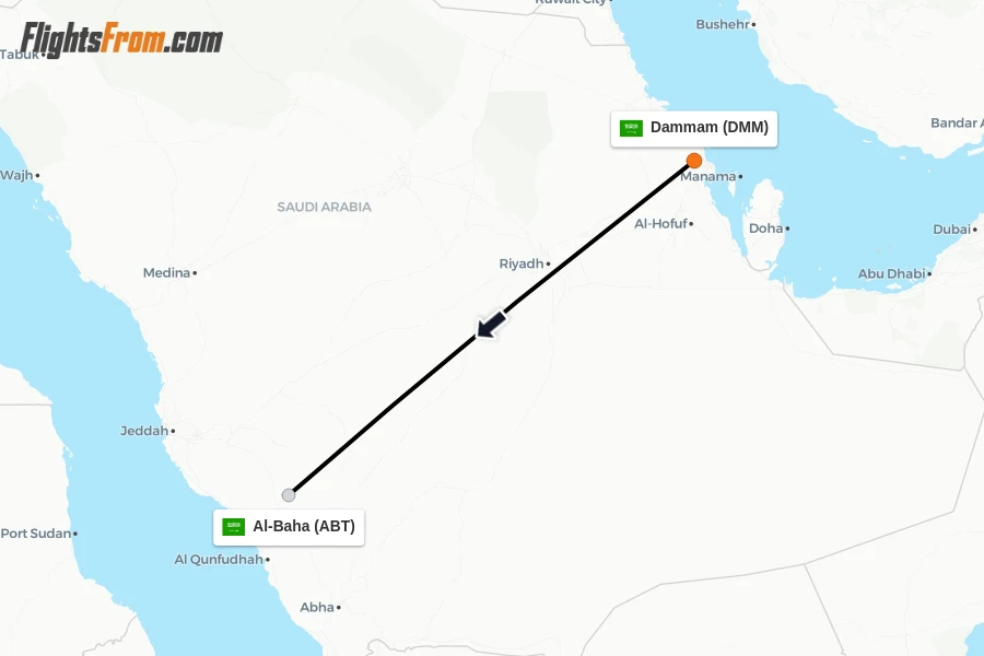 Flights from Dammam to Al-Baha route map