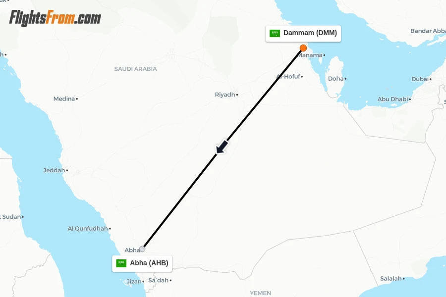 Flights from Dammam to Abha route map