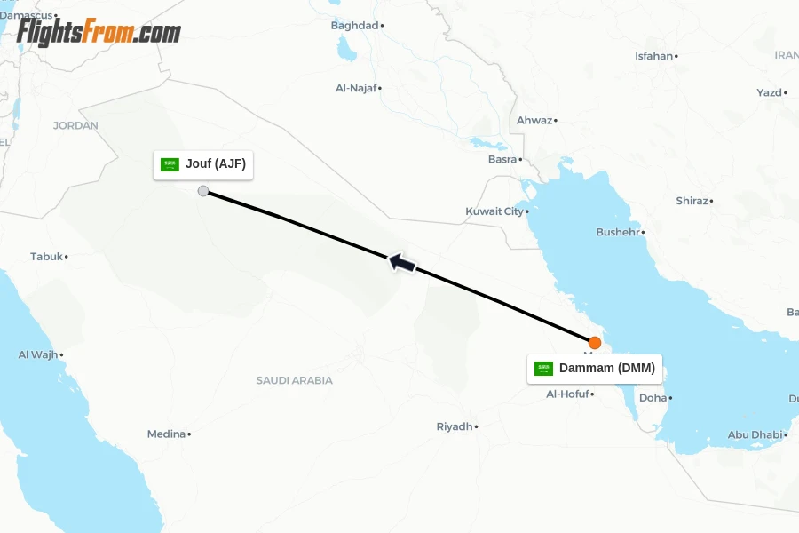 Flights from Dammam to Jouf route map