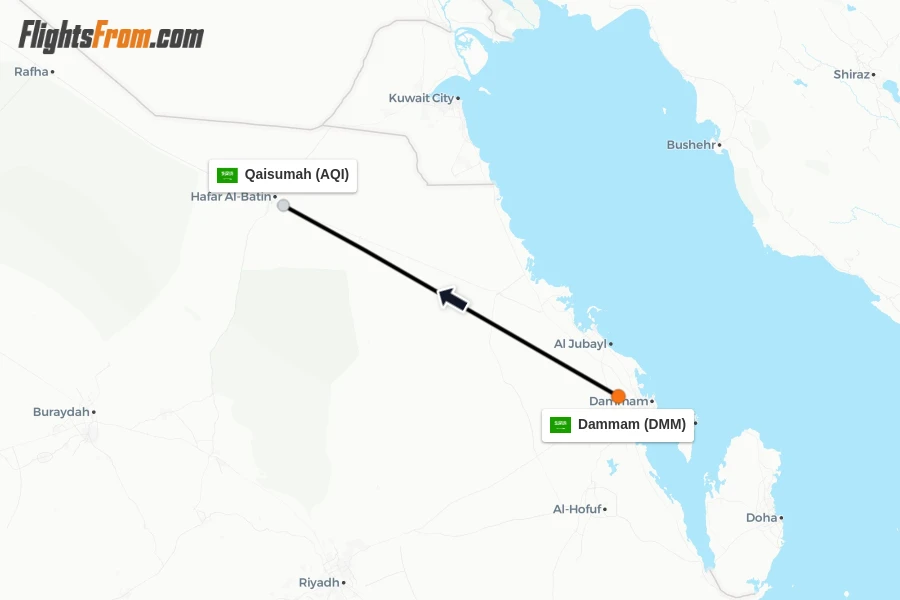 Flights from Dammam to Qaisumah route map