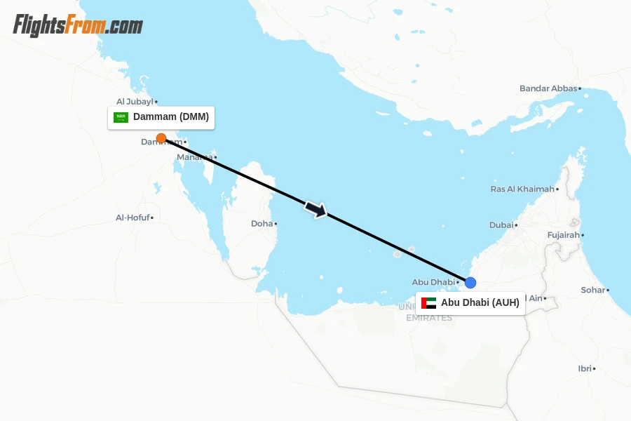 Flights from Dammam to Abu Dhabi route map