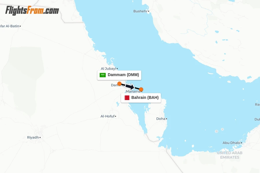 Flights from Dammam to Bahrain route map