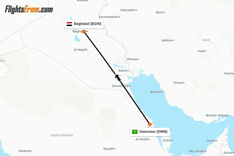 Flights from Dammam to Baghdad route map