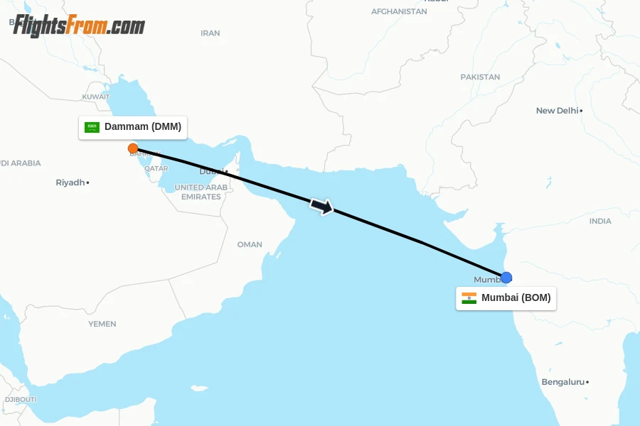 Flights from Dammam to Mumbai route map