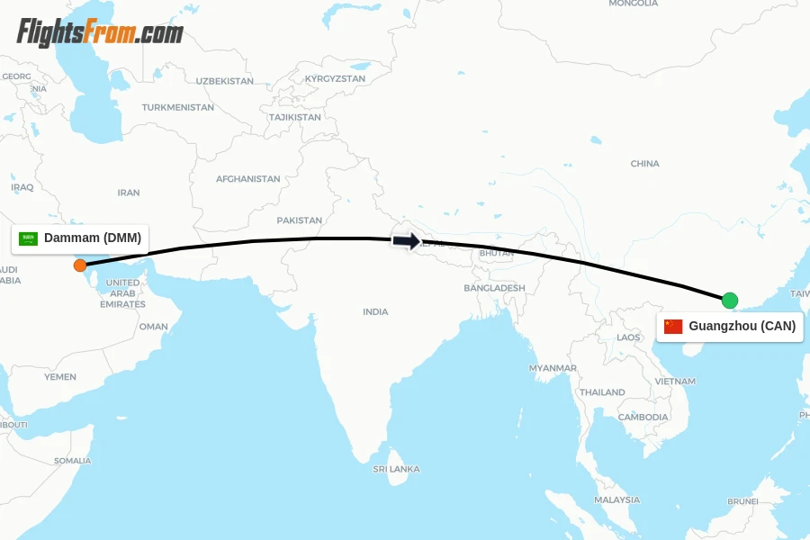 Flights from Dammam to Guangzhou route map