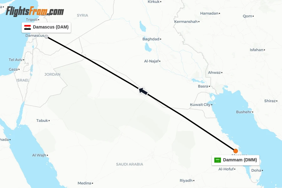 Flights from Dammam to Damascus route map