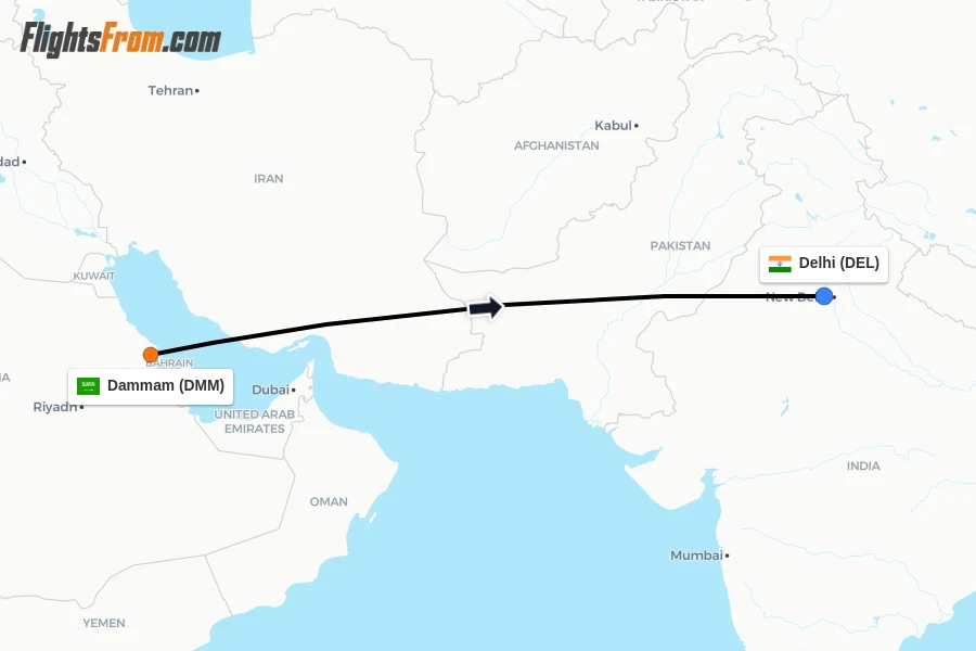 Flights from Dammam to Delhi route map
