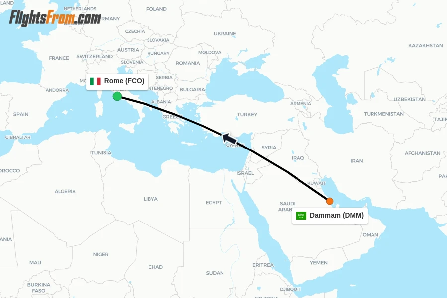 Flights from Dammam to Rome route map