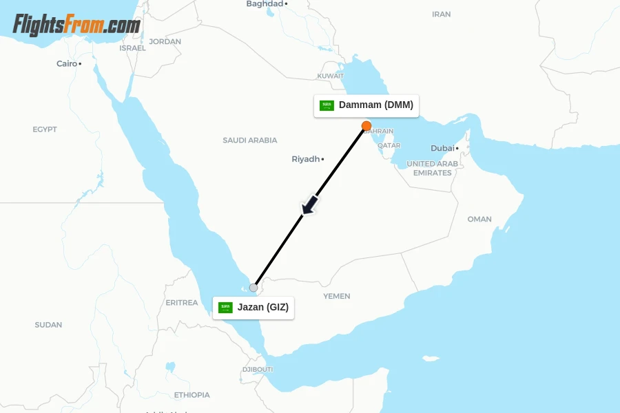 Flights from Dammam to Jazan route map