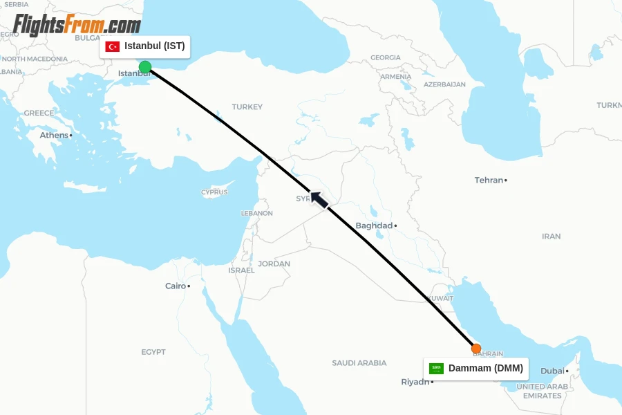 Flights from Dammam to Istanbul route map
