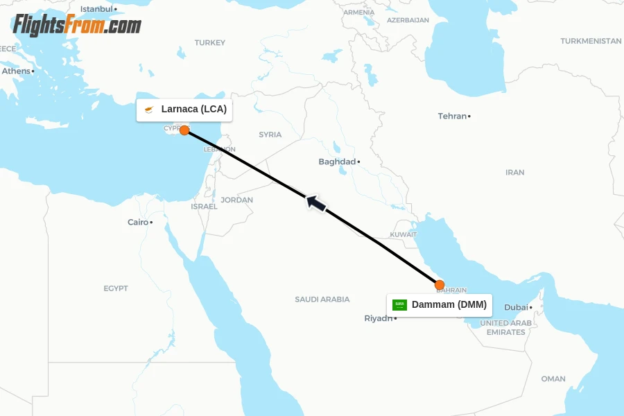 Flights from Dammam to Larnaca route map