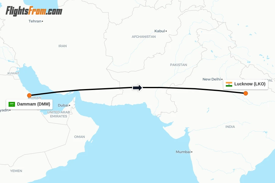 Flights from Dammam to Lucknow route map