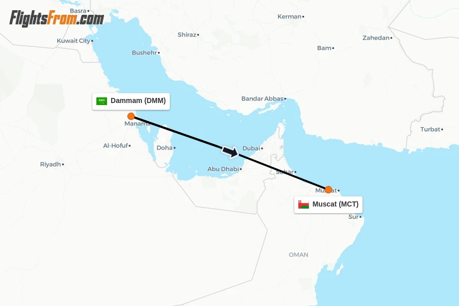Flights from Dammam to Muscat route map