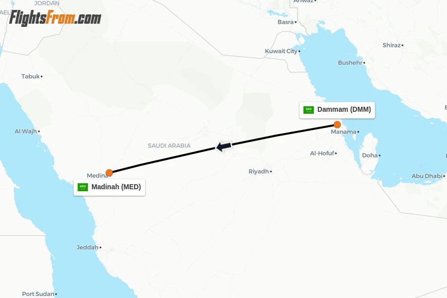 Flights from Dammam to Madinah route map