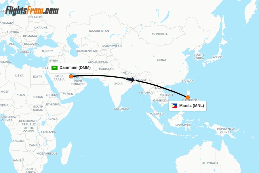 Flights from Dammam to Manila route map