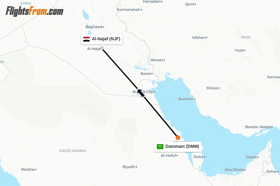 Flights from Dammam to Al-Najaf route map