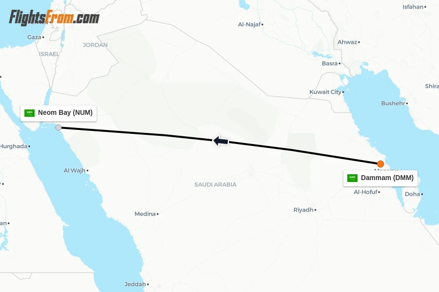 Flights from Dammam to Neom Bay route map