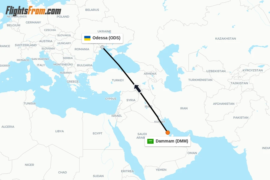 Flights from Dammam to Odessa route map