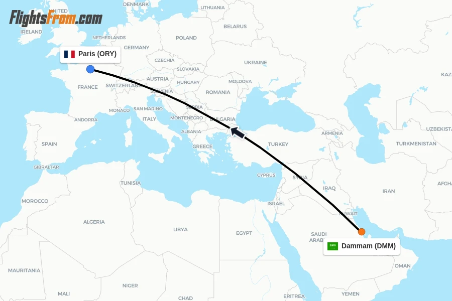 Flights from Dammam to Paris route map