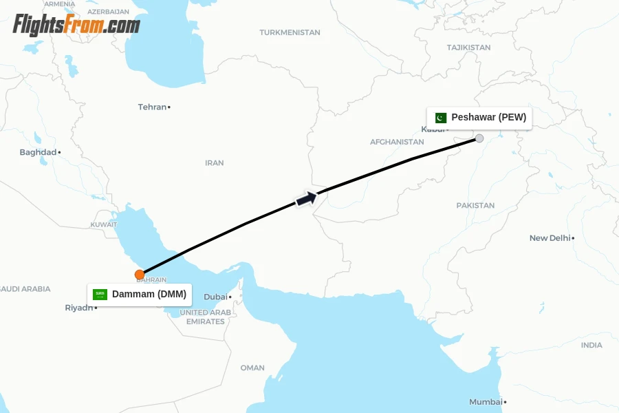 Flights from Dammam to Peshawar route map