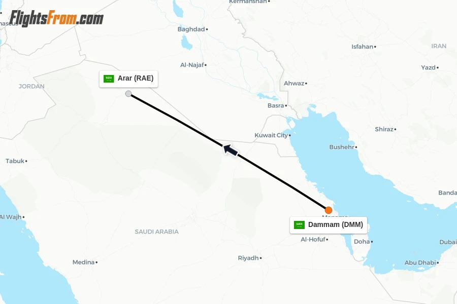 Flights from Dammam to Arar route map