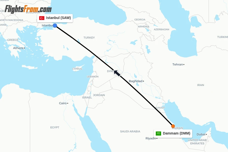 Flights from Dammam to Istanbul route map