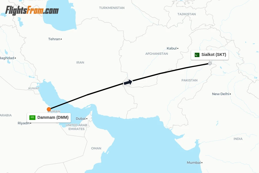 Flights from Dammam to Sialkot route map