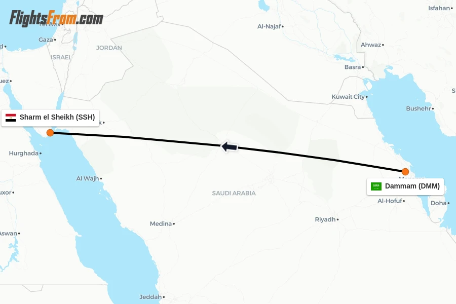 Flights from Dammam to Sharm el Sheikh route map