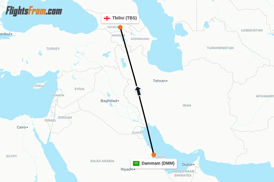 Flights from Dammam to Tbilisi route map