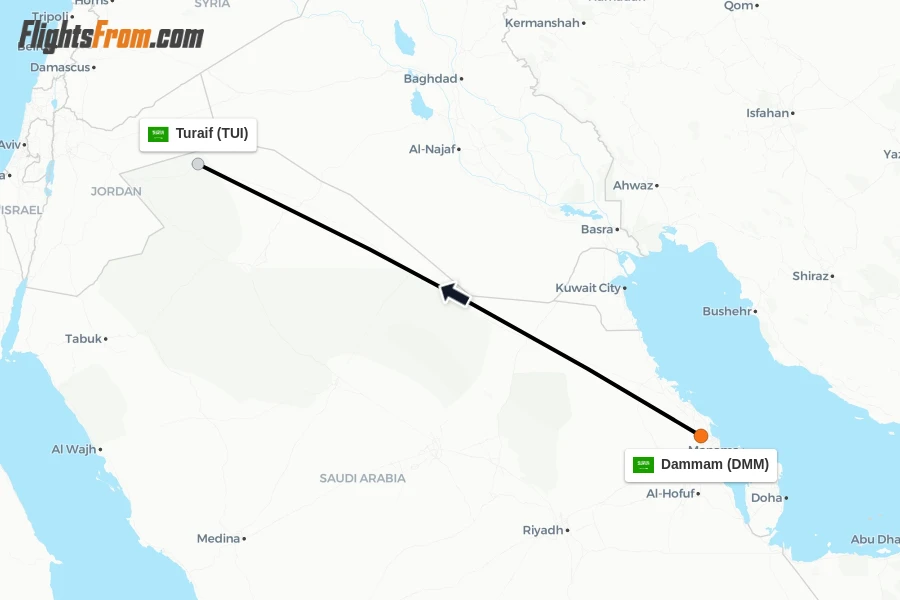 Flights from Dammam to Turaif route map