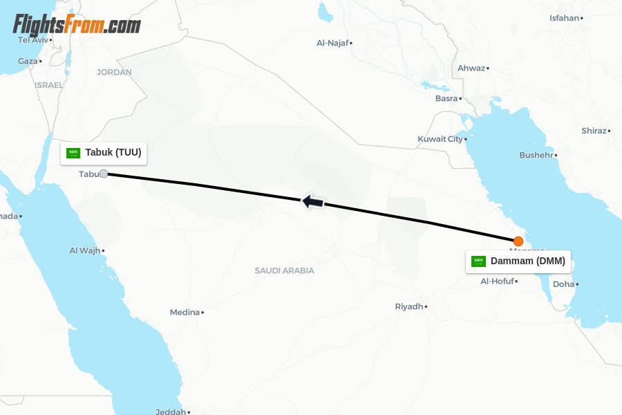 Flights from Dammam to Tabuk route map