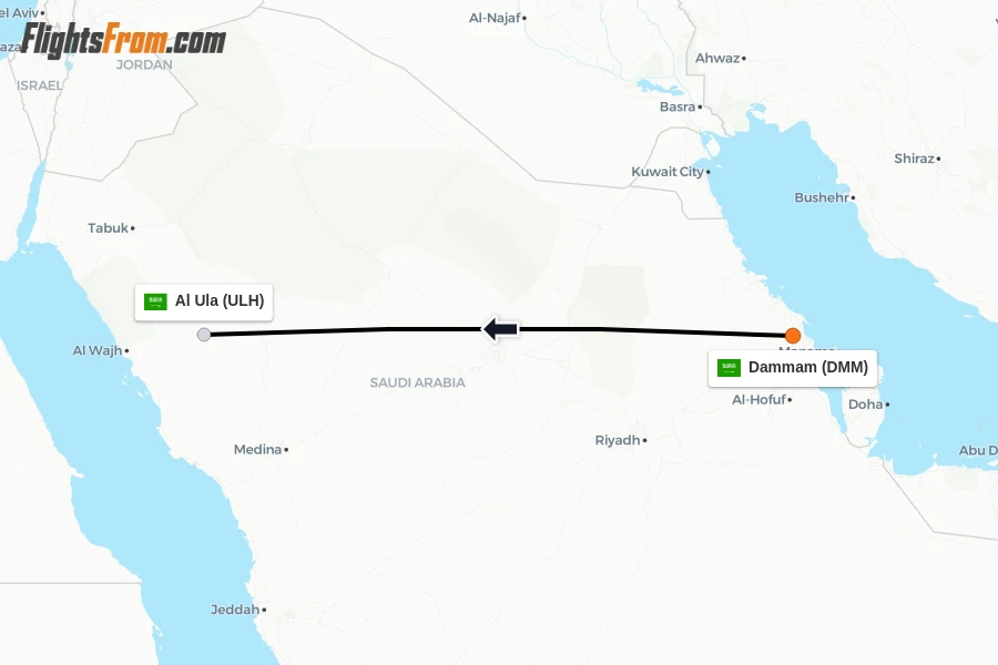 Flights from Dammam to Al Ula route map