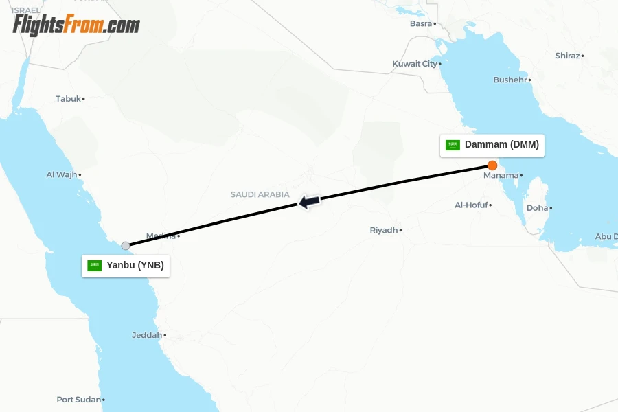 Flights from Dammam to Yanbu route map