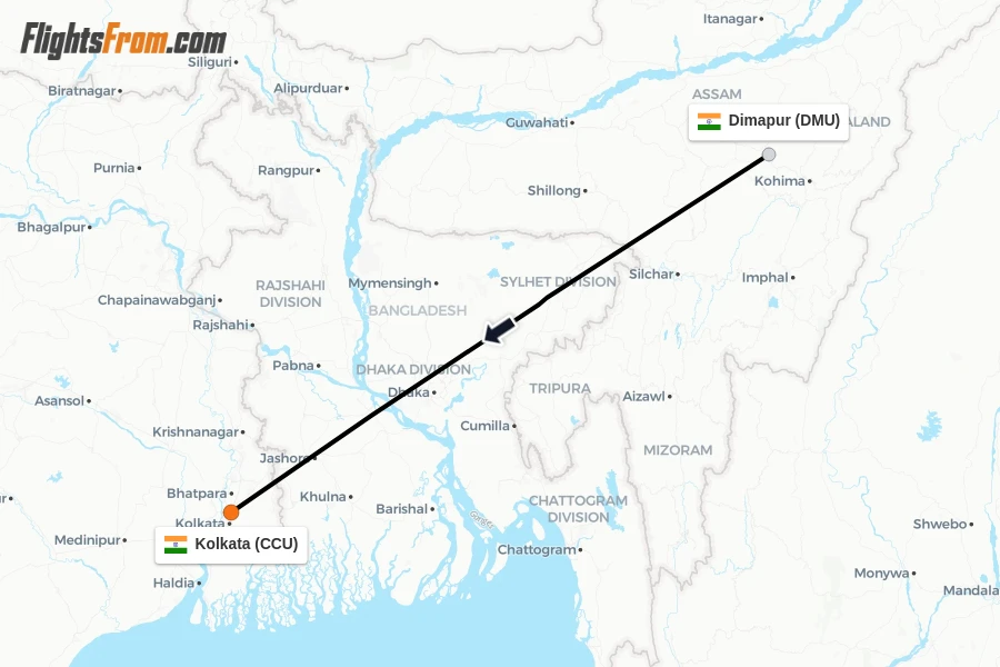 Flights from Dimapur to Kolkata route map