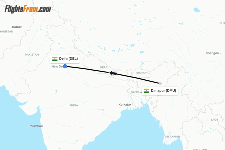 Flights from Dimapur to Delhi route map