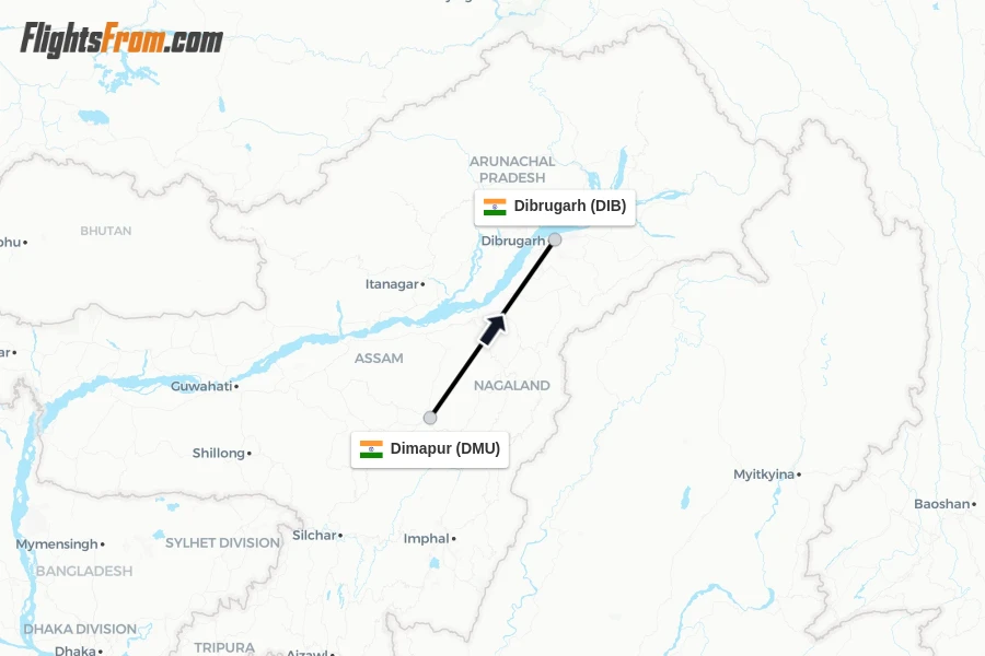 Flights from Dimapur to Dibrugarh route map