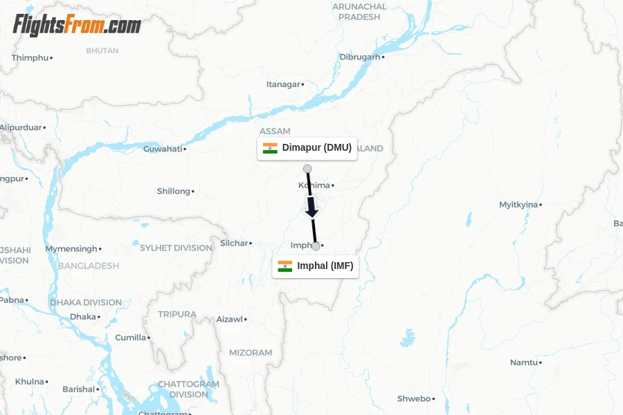 Flights from Dimapur to Imphal route map