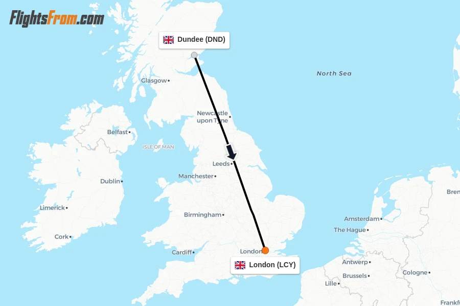 Flights from Dundee to London route map