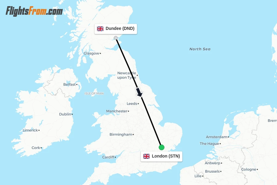 Flights from Dundee to London route map