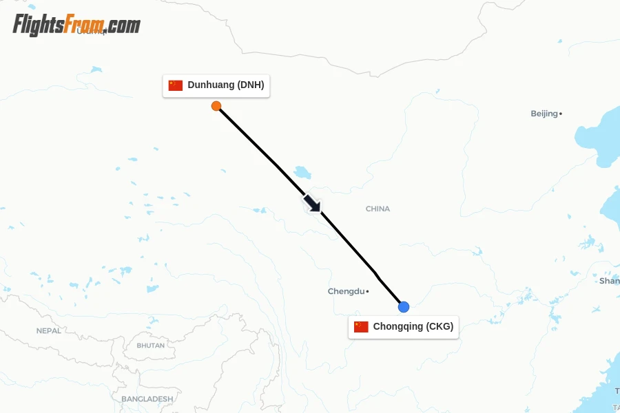 Flights from Dunhuang to Chongqing route map