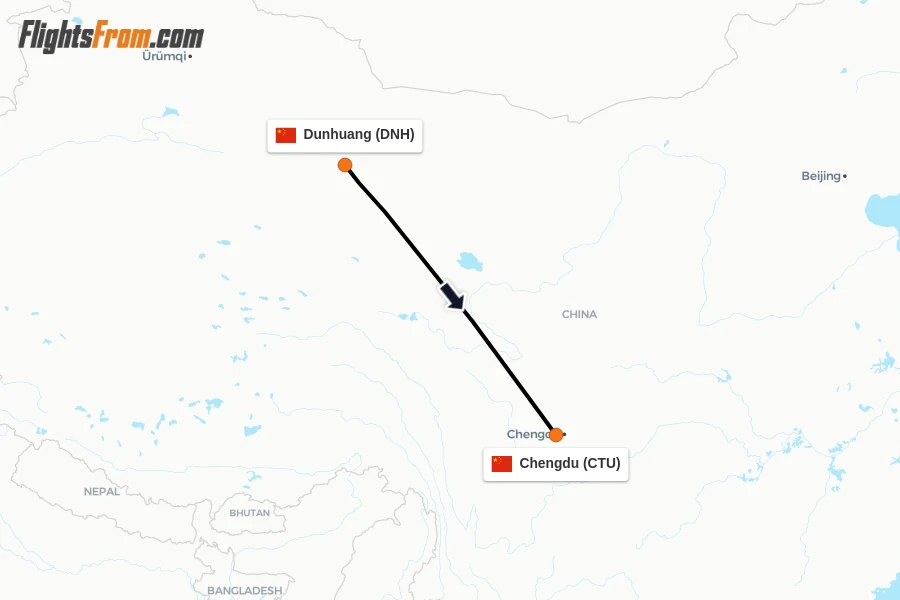 Flights from Dunhuang to Chengdu route map