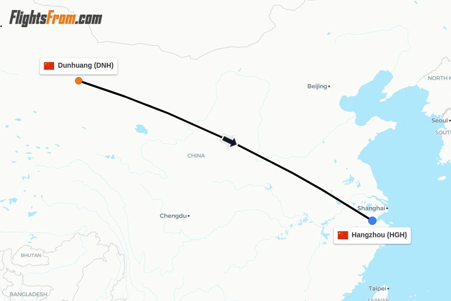 Flights from Dunhuang to Hangzhou route map