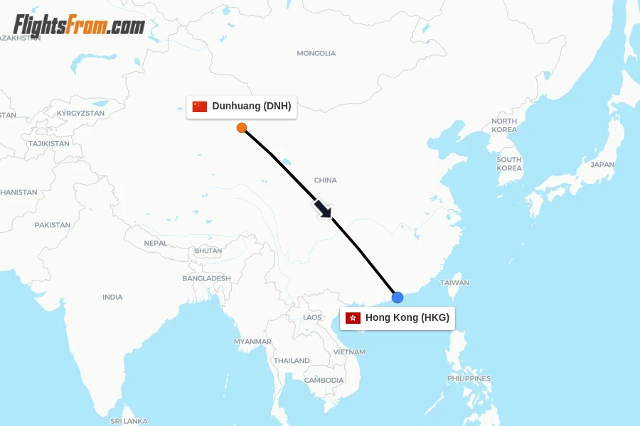 Flights from Dunhuang to Hong Kong route map