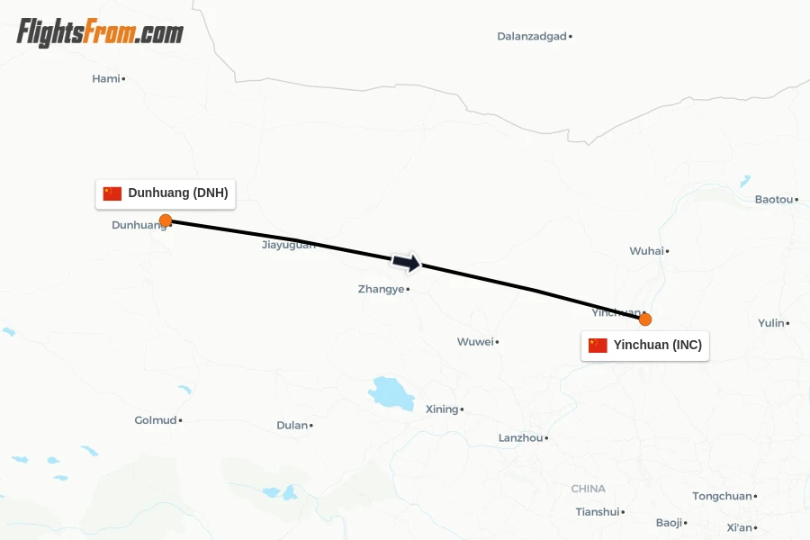 Flights from Dunhuang to Yinchuan route map