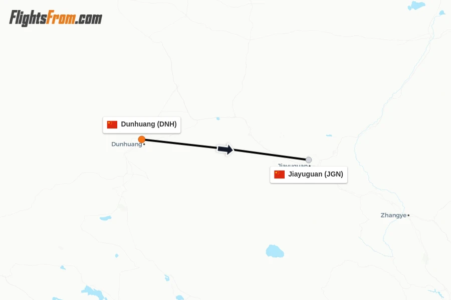 Flights from Dunhuang to Jiayuguan route map