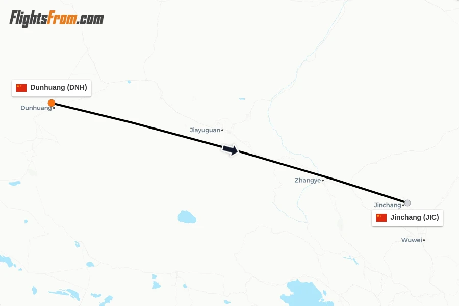 Flights from Dunhuang to Jinchang route map