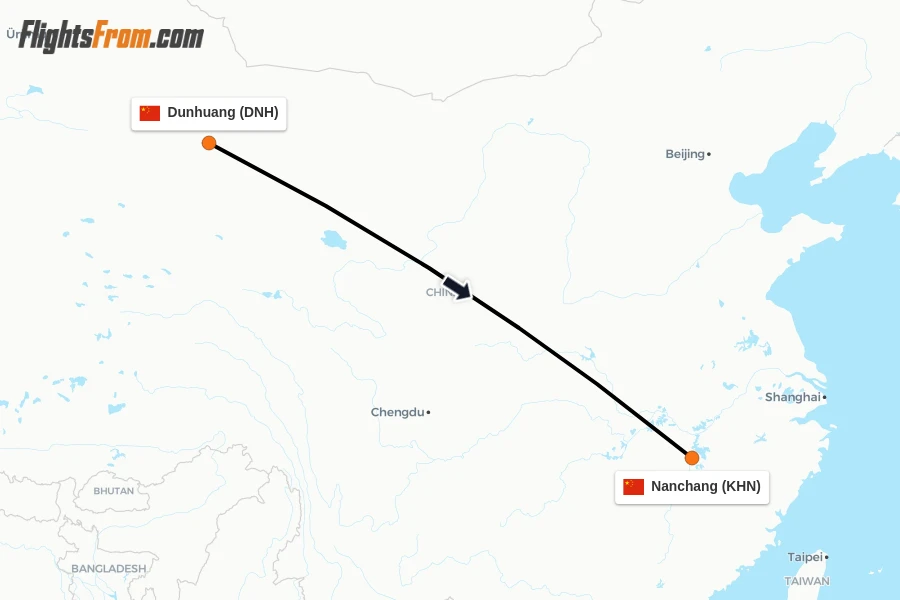 Flights from Dunhuang to Nanchang route map