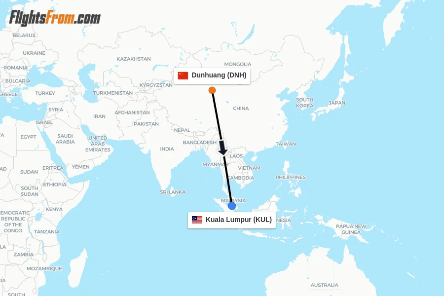 Flights from Dunhuang to Kuala Lumpur route map